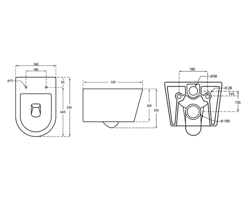 Technický nákres závesného WC s rozmermi