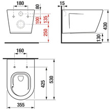 Technický nákres závesného WC s rozmermi.