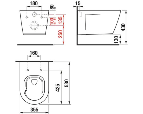 Technický nákres závesného WC s rozmermi.