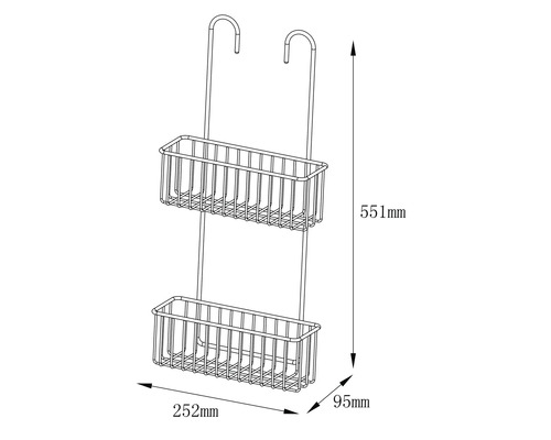 Obrázok sprchovej police s dvoma úložnými plochami a údajmi o veľkosti.