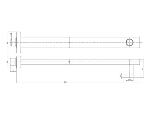 Technický nákres nástenného výtoku s rozmermi