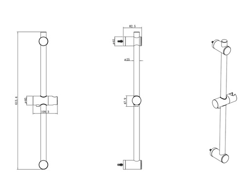 Technický nákres sprchovej tyče s rozmermi