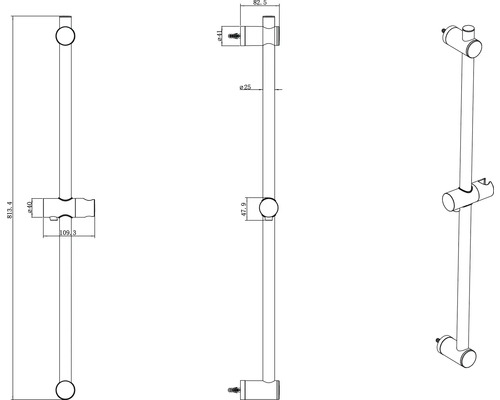 Technický nákres sprchovej tyče s rozmermi