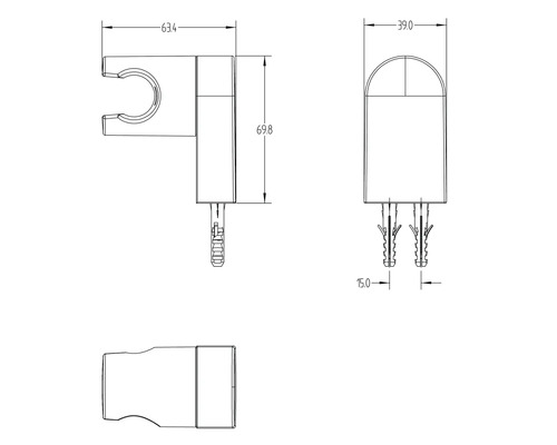 Technický nákres držiaka sprchy s rozmermi