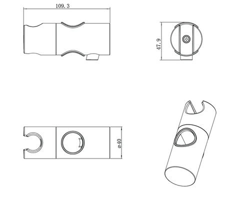 Technický nákres držiaka sprchovej tyče s rozmermi