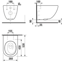 Technický nákres závesnej toalety s rozmermi