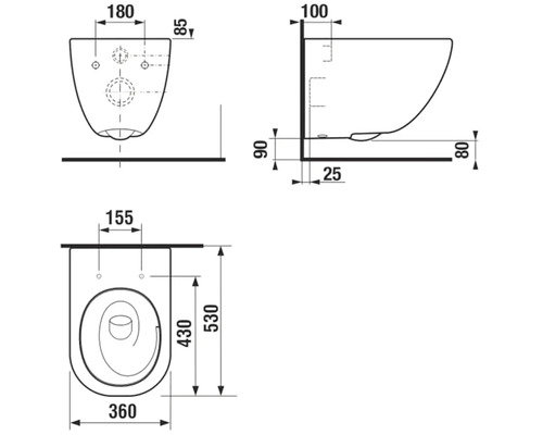 Technický nákres závesnej toalety s rozmermi