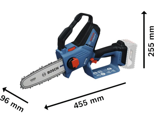 Akumulátorová reťazová píla Bosch s rozmermi 455 mm dĺžka, 96 mm šírka a 255 mm výška