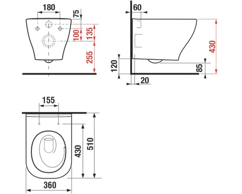 Technický nákres závesného WC s rozmermi