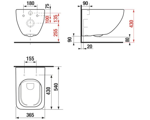 Technický nákres závesného WC s rozmermi