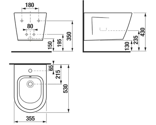 Technický nákres bidetu s rozmermi pre inštaláciu
