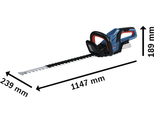 Akumulátorové nožnice na živý plot Bosch s rozmermi 1147 mm dĺžka, 239 mm šírka a 189 mm výška.