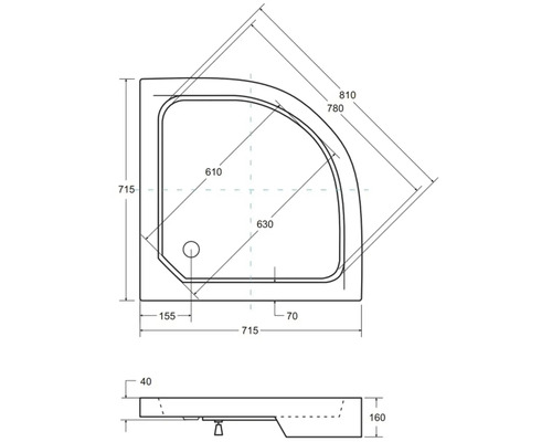 Technický výkres sprchovej vaničky s rozmermi