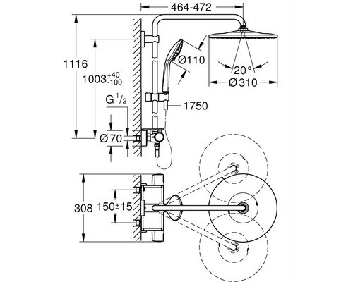 Technický nákres sprchovej batérie s rozmermi
