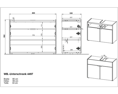 Technický nákres skrinky pod umývadlo s rozmermi