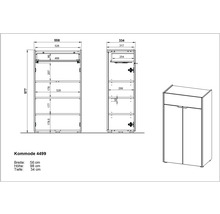 Technický nákres komody s údajmi o šírke, výške a hĺbke