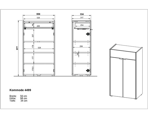 Technický nákres komody s údajmi o šírke, výške a hĺbke