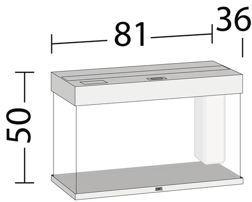 Obrázok akvária s rozmermi: 50 cm výška, 81 cm dĺžka a 36 cm šírka.