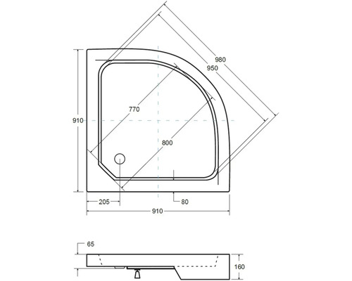 Technický nákres sprchovej vaničky s rozmermi