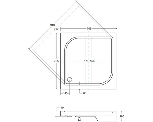 Technický nákres sprchovej vaničky s rozmermi