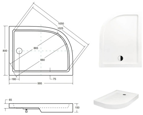 Rohová sprchová vanička s rozmermi