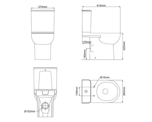 Technický výkres stojaceho WC s rozmermi.