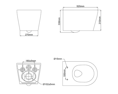 Technický nákres závesného WC s rozmermi