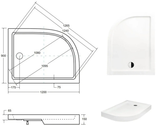 Technický nákres a pohľady na sprchovú vaničku so štvrťkruhom