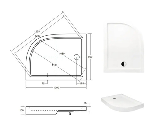 Obrázok sprchovej vaničky s rozmermi a rôznymi pohľadmi.