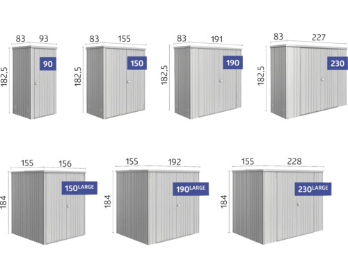 Rôzne veľkosti kovových skríň so šírkami 90 cm, 150 cm, 190 cm a 230 cm