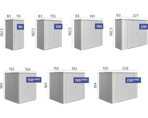 Obrázok rôznych záhradných skríň s uvedením veľkostí