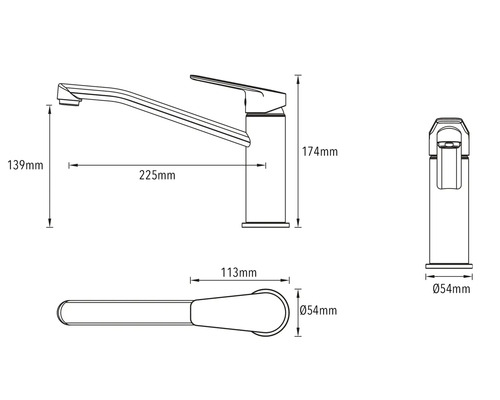 Technický nákres kuchynskej batérie s rozmermi