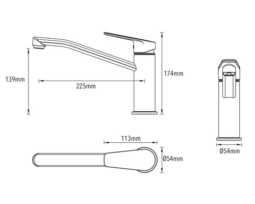 Technický výkres kuchynskej batérie s rozmermi