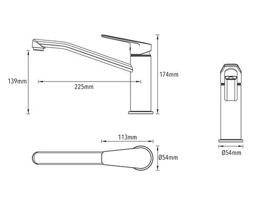 Technický nákres kuchynskej batérie s rozmermi