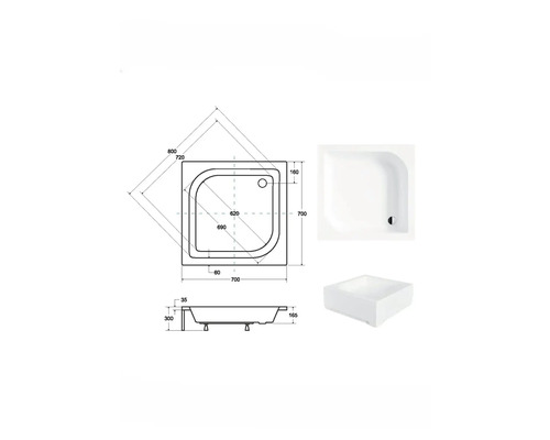 Technický nákres sprchovej vaničky s rozmermi