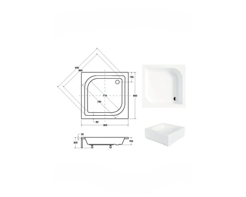 Technický nákres sprchovej vaničky s rozmermi a pohľad na produkt