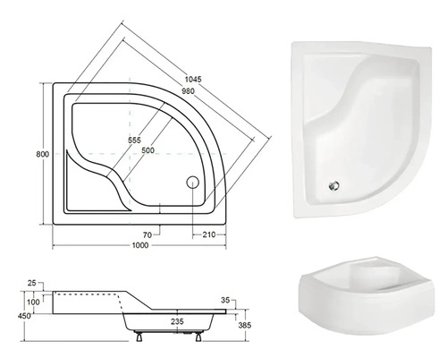 Nákres a pohľady na sprchovú vaničku