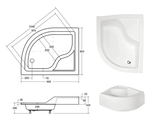 Technický výkres a pohľady na sprchovú vaničku