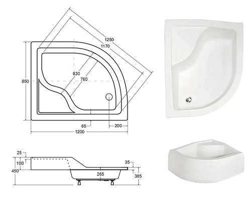 Obrázok rohovej sprchovej vaničky s rozmermi.