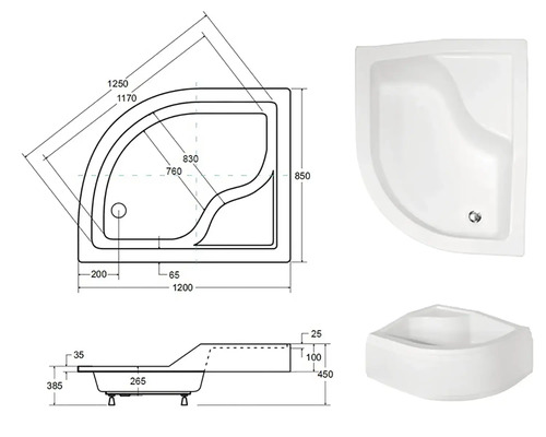 Technický nákres a pohľady na sprchovú vaničku s rozmermi.