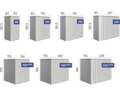 Rôzne veľkosti kovových skríň s rozmermi