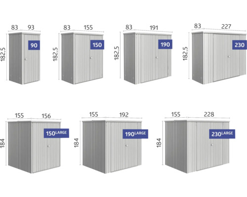Rôzne veľkosti kovových záhradných domčekov s rozmermi