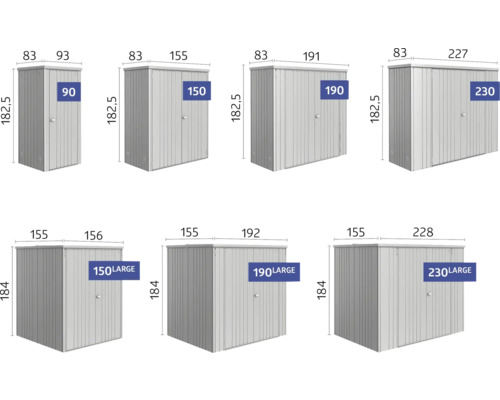 Zobrazenie rôznych veľkostí kovových záhradných skríň.
