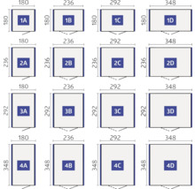 Prehľad veľkostí s formátmi 1A, 1B, 1C, 1D, 2A, 2B, 2C, 2D, 3A, 3B, 3C, 3D, 4A, 4B, 4C a 4D s rozmermi