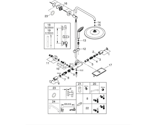 Rozkreslený nákres sprchovej batérie s jednotlivými dielmi a rozmermi.