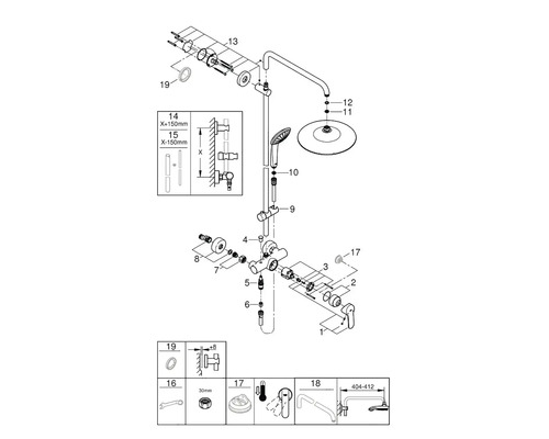 Rozkreslený nákres sprchového systému s rôznymi dielmi a komponentmi.