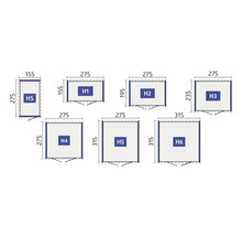 Ilustrácia záhradných domčekov rôznych veľkostí s rozmermi