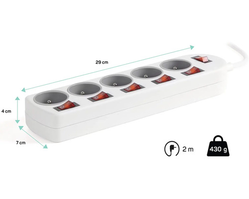 Predlžovací kábel s piatimi zásuvkami a spínačmi, 29 x 7 centimetrov
