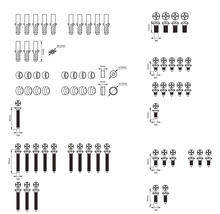 Technický nákres skrutiek, hmoždiniek a podložiek s rozmermi