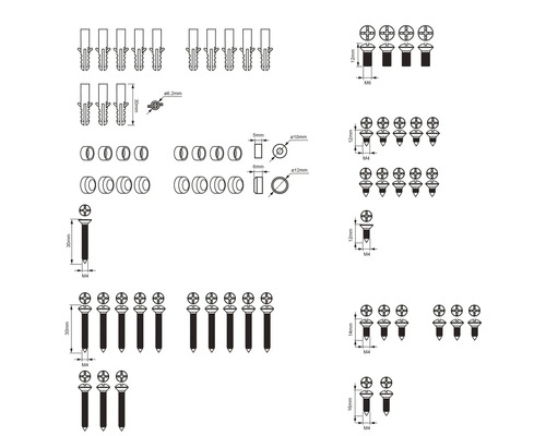 Technický nákres skrutiek, hmoždiniek a podložiek s rozmermi